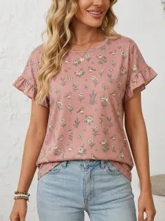 Bird Floral Ruffle-Sleeve Women's Loose Printed Blouse
