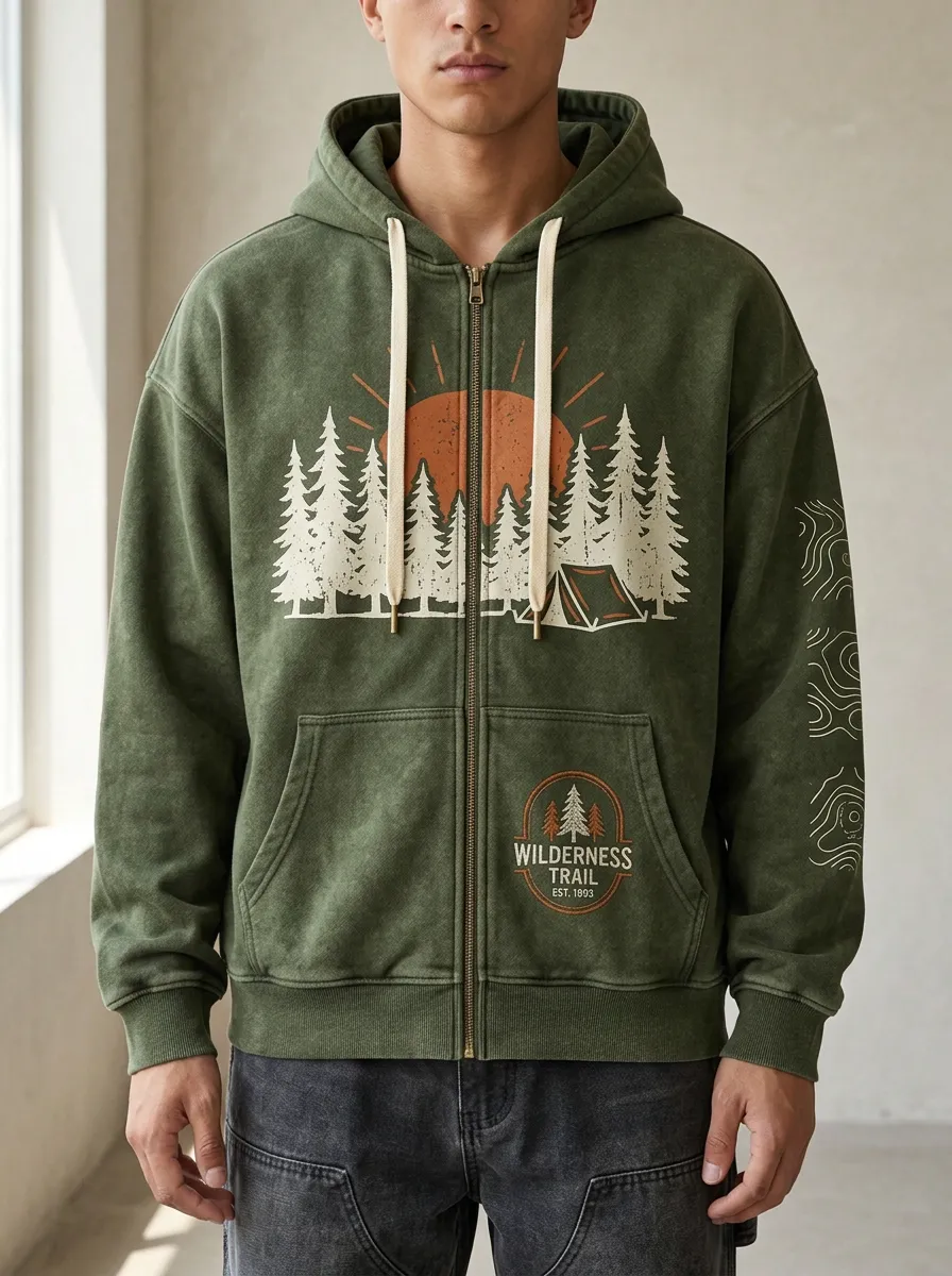 Men's Camping Wilderness Trail Forest Sunset Printed Zip Up Hoodie