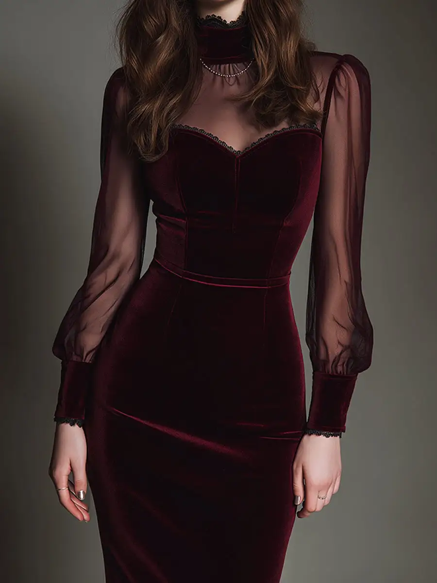 Elegant Mesh Polyester Velvet Stitching Sweetheart Neckline Slim Midi Dress