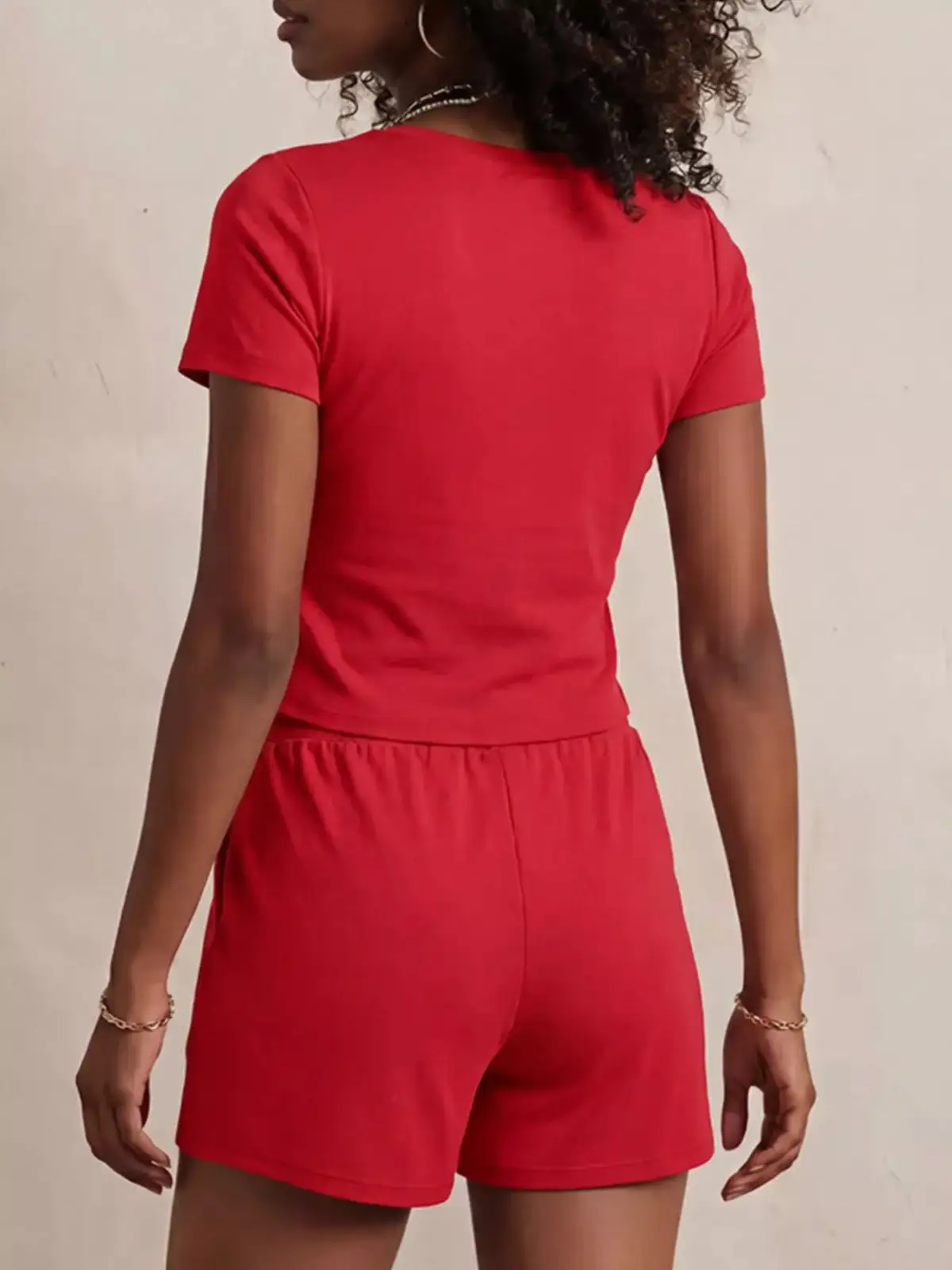 Drawstring Pocketed Tee and Shorts Matching Set