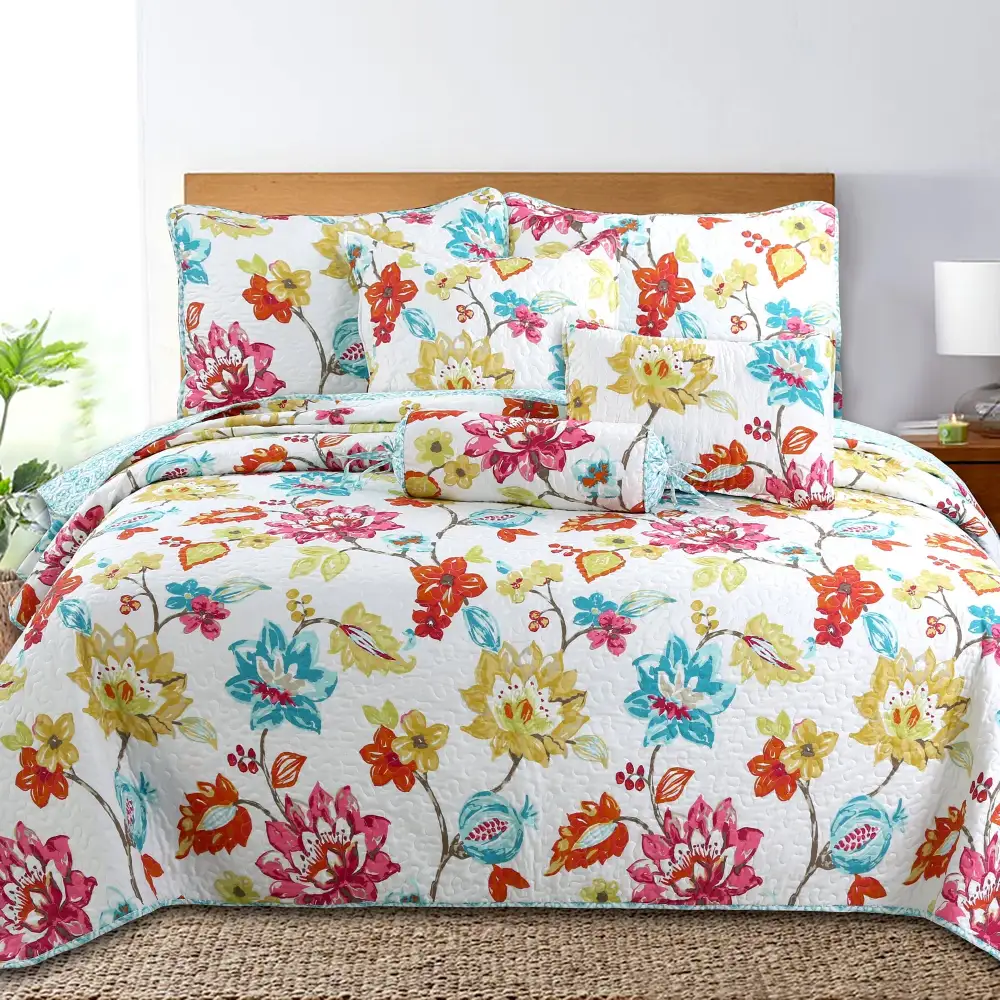 Floral Reversible Garden Tropical Quilt Bedding Set