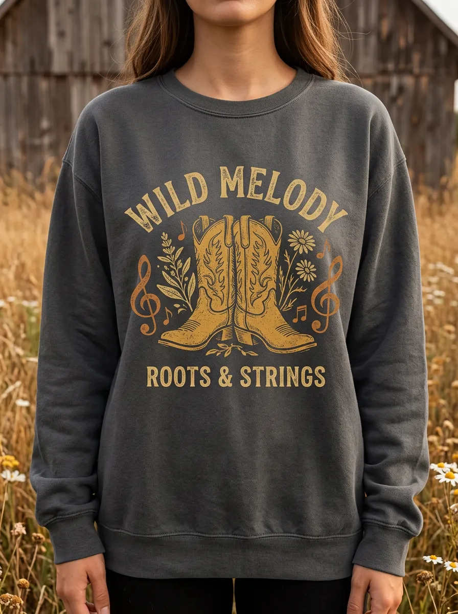 Western Music Cowboy Boots Wild Melody Western Graphic Crewneck Sweatshirt