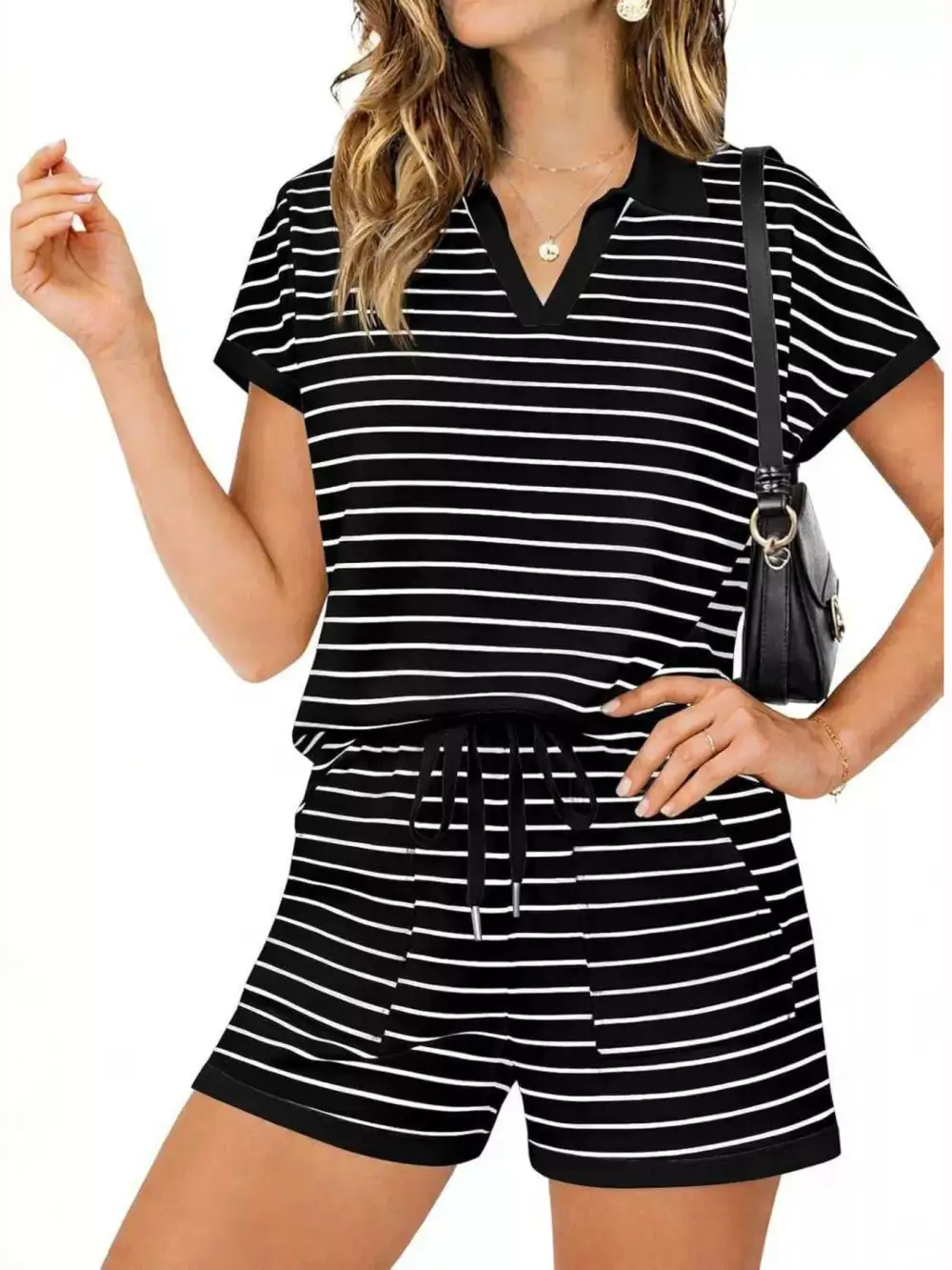 Striped Short Sleeve Polo Shorts Set