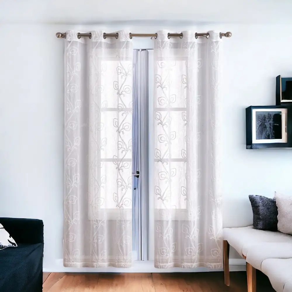 Refined Semi-Sheer Polyester Embroidered Boho Curtain Panel Pair