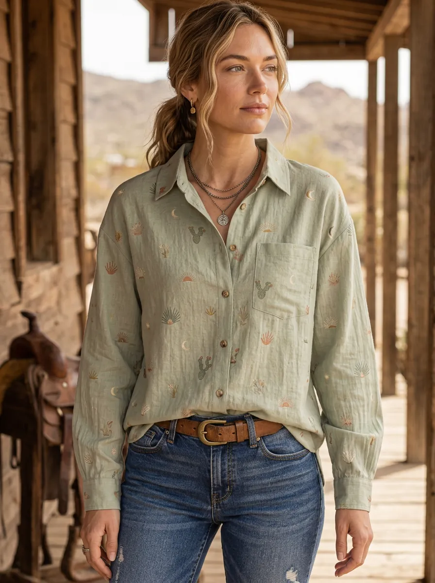 Women's Western Desert Cactus Moon Printed Cotton Linen Shirt