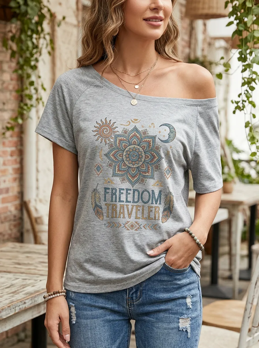 Women's Bohemian Traveler Mandala Sun Moon Printed T-shirt