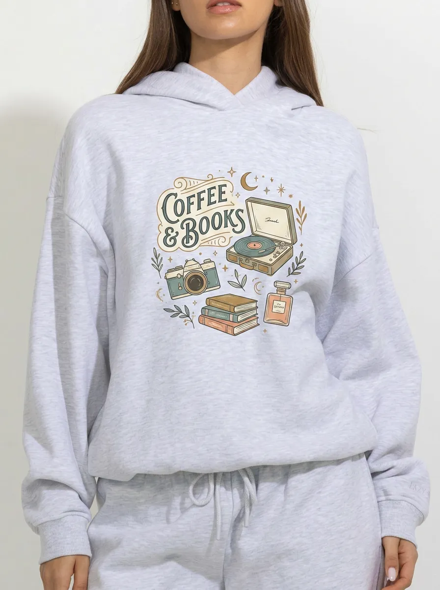 Women's Coffee Books Record Player Camera Printed Hoodie