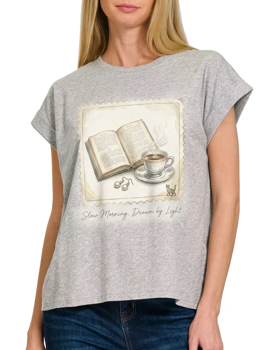 Women's Book Coffee Lover Stamp Art Printed T-shirt