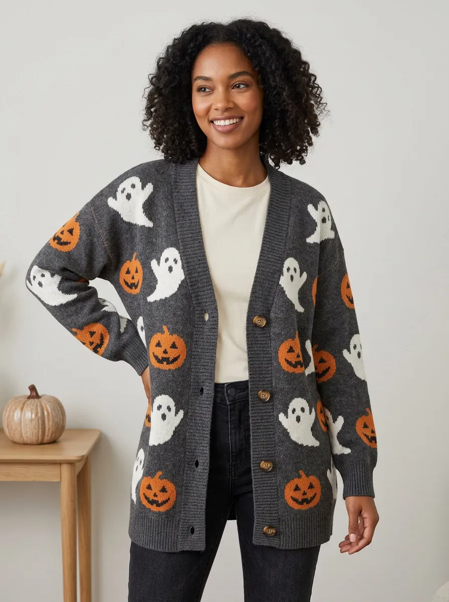 Women's Whimsical Ghost Pumpkin Halloween Print Cardigan