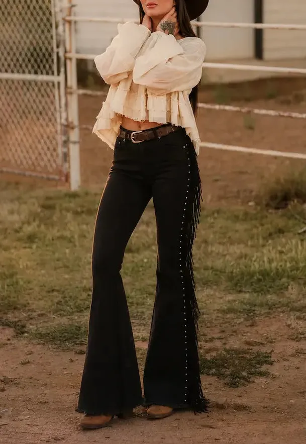 Bell Bottom Mid Rise Fringe Detail Vintage Style Cropped Denim Jeans