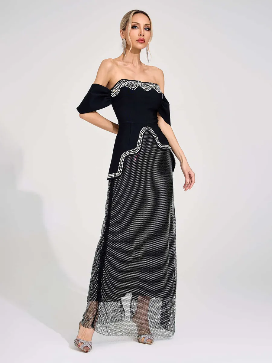 Arabella Black Rhinestone Maxi Skirt Set