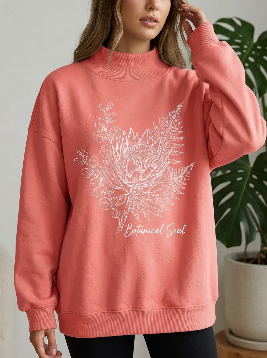 Botanical Soul Protea Flower Mock Neck Sweatshirt