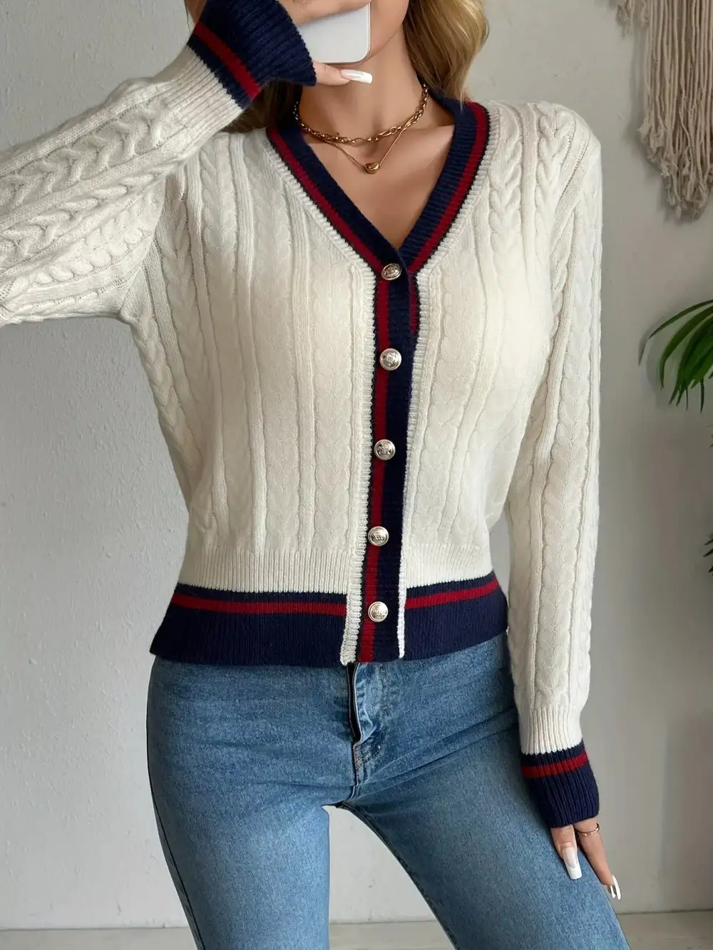 Contrast Trim Cable Knit Cardigan