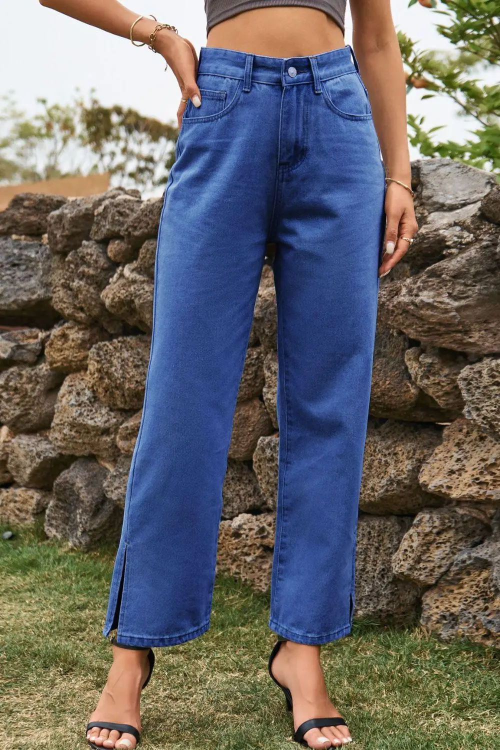 High Waist Loose Fit Ankle Slit Denim Jeans
