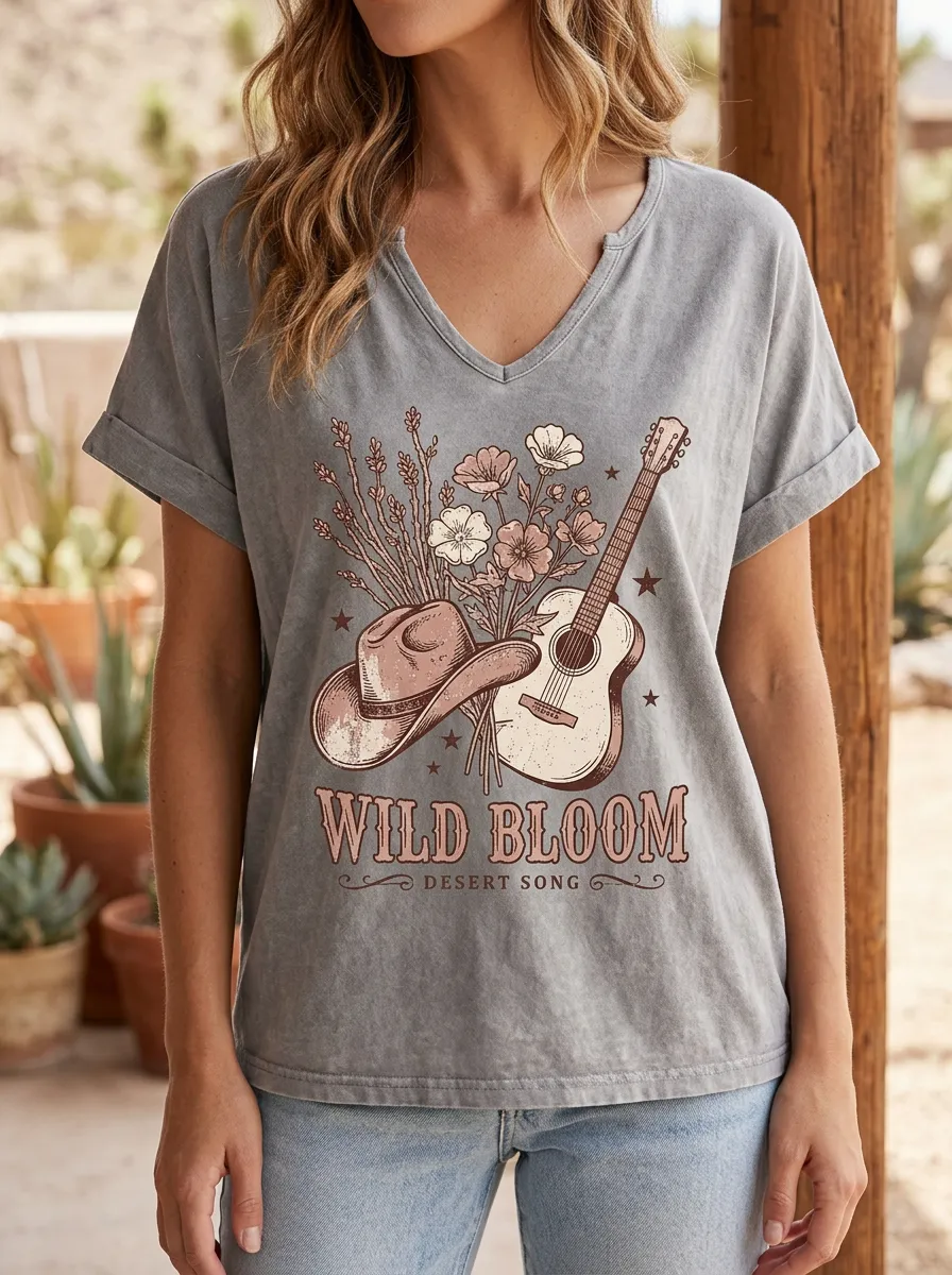 Women's Western Wild Bloom Guitar Hat Printed V-Neck T-Shirt