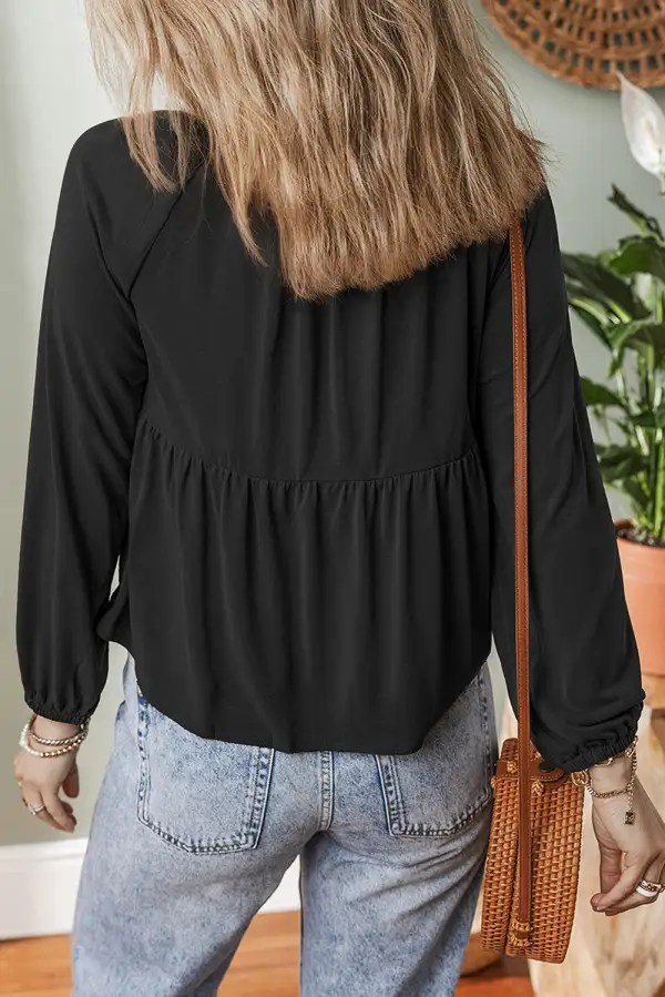 Smocked V-Neck Button Front Blouse