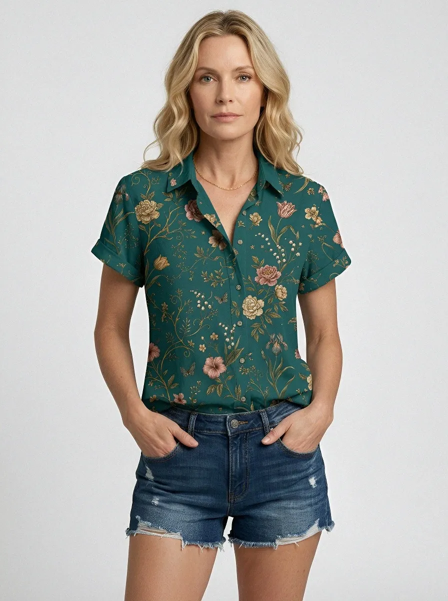 Women's Botanical Floral Vintage Garden Printed Short Sleeve Shirt
