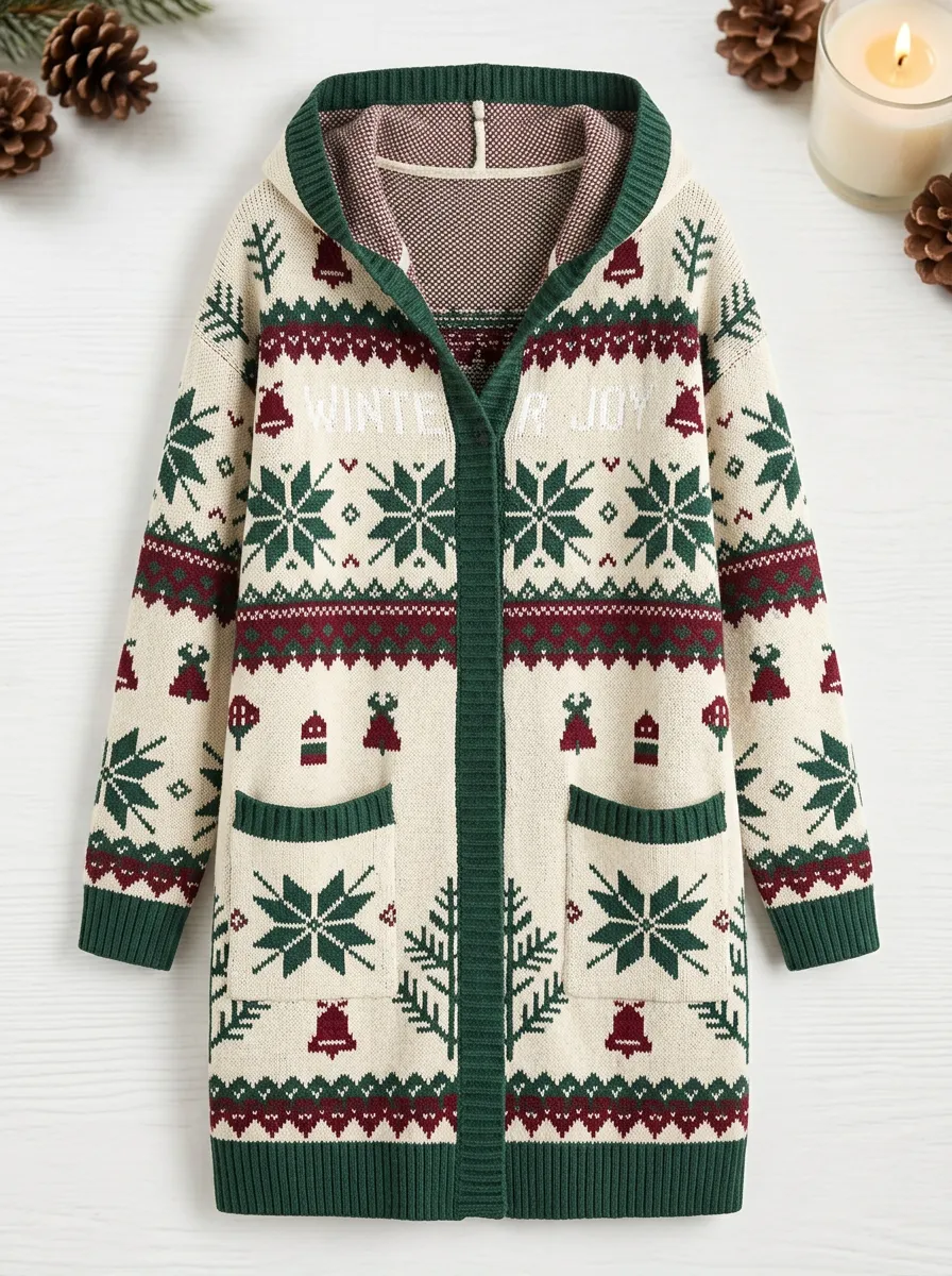Christmas Winter Joy Snowflake Bell Pattern Knit Hooded Cardigan