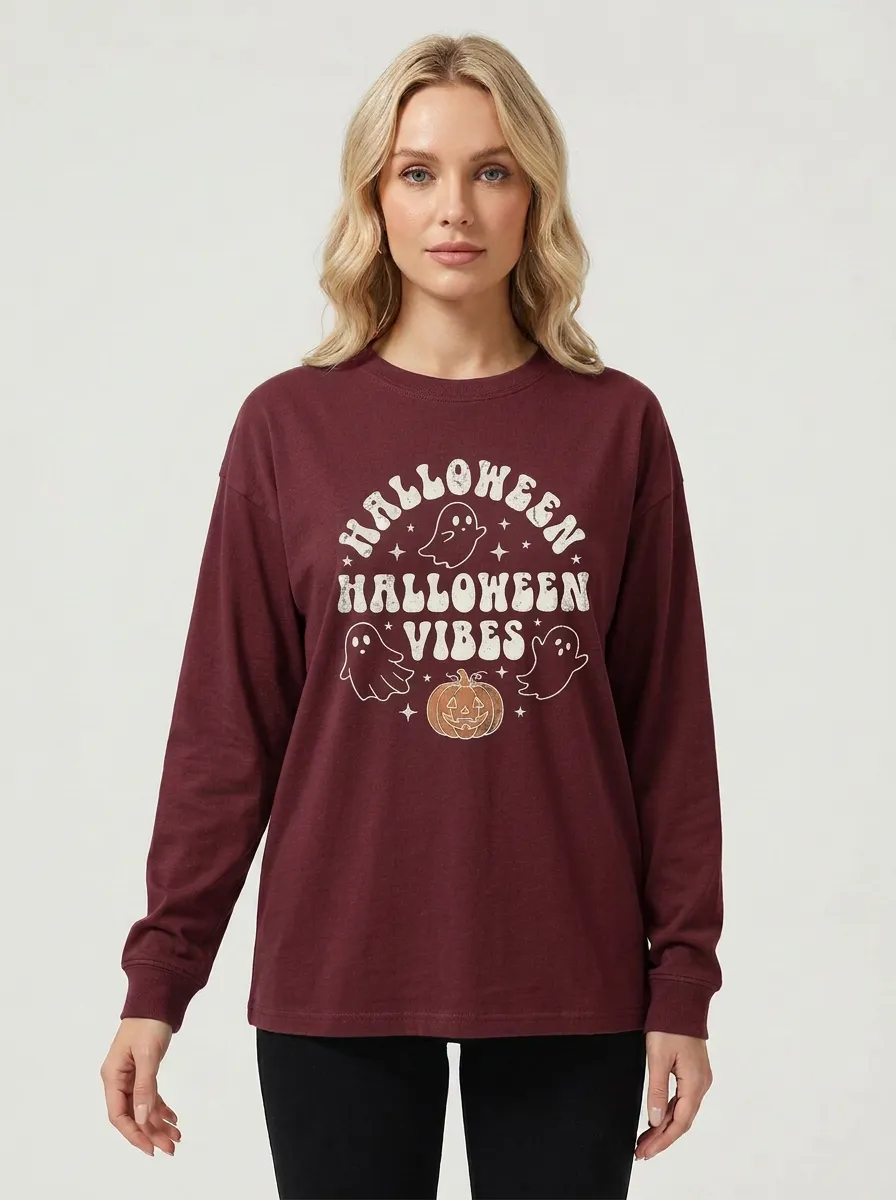 Women's Halloween Vibes Ghost Pumpkin Printed Long Sleeve T-shirt