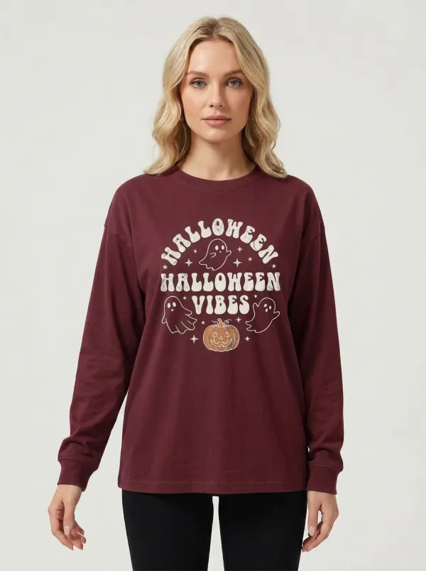 Women's Halloween Vibes Ghost Pumpkin Printed Long Sleeve T-shirt