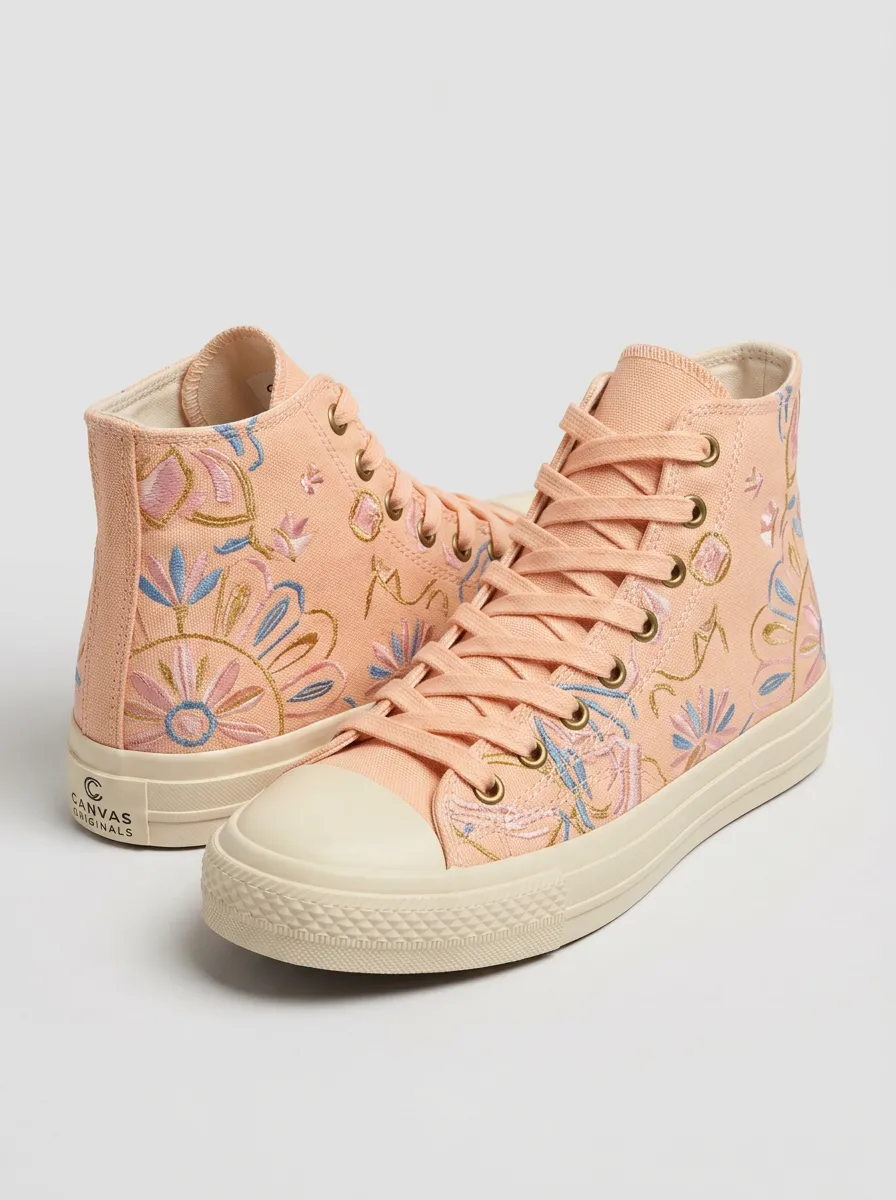 Women's Floral Embroidery Peach Canvas Printed High-top Shoes