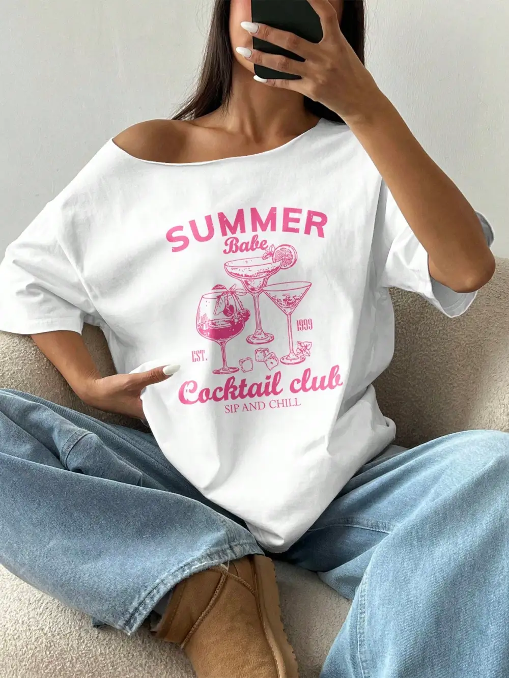 Women White Asymmetrical Neck Oversized Relaxed Fit T-Shirt