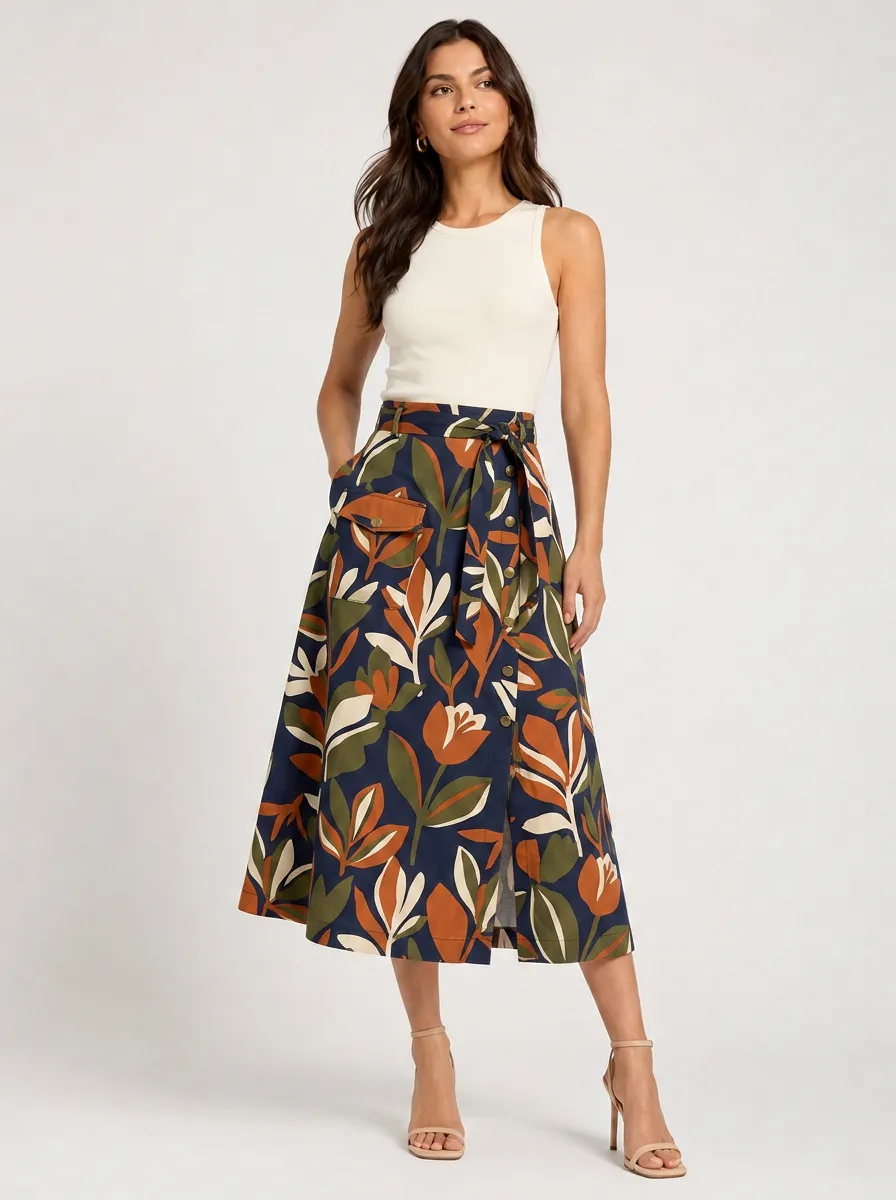 Women's Botanical Nature Lover Floral Printed Button-Down Midi Skirt