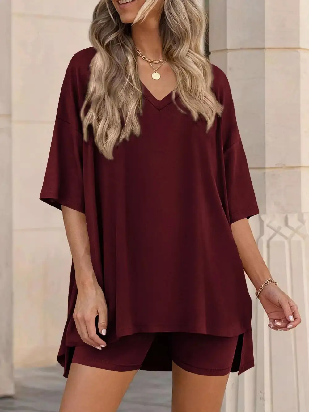 Casual Loose V Neck T Shirt Shorts Sets
