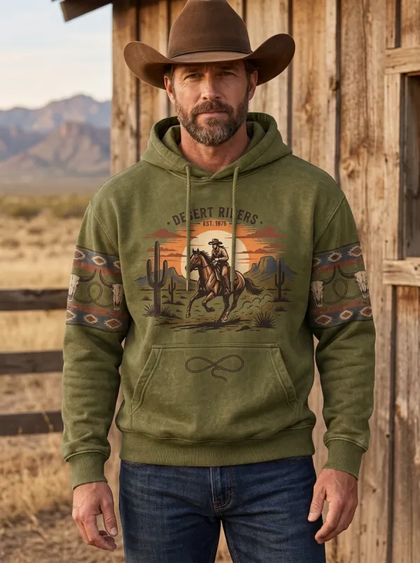 Men's Desert Inspired Western Cowboy Cactus Desert Graphic Hoodie