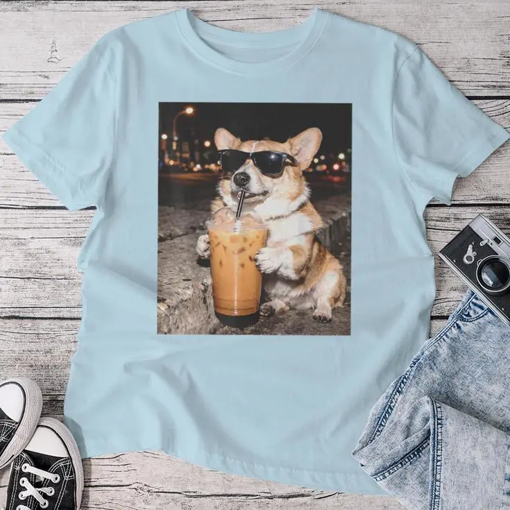 Corgi Drinking Iced Coffee Dog Meme Women T-shirt