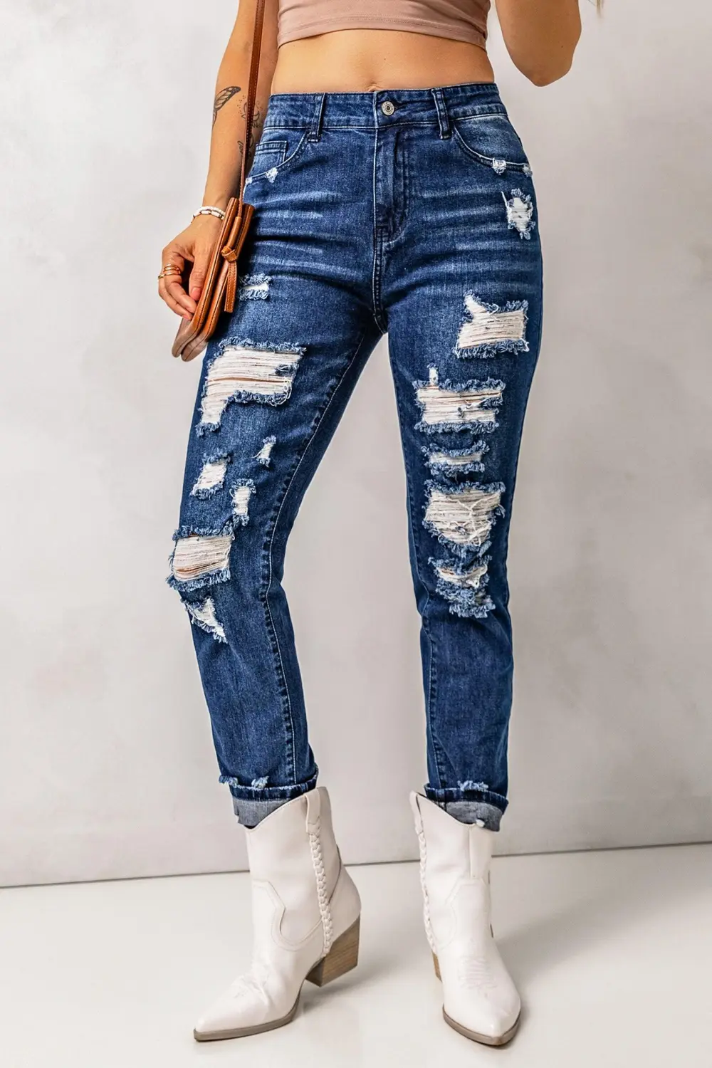 Distressed High Waist Jeans Pocket Shoes