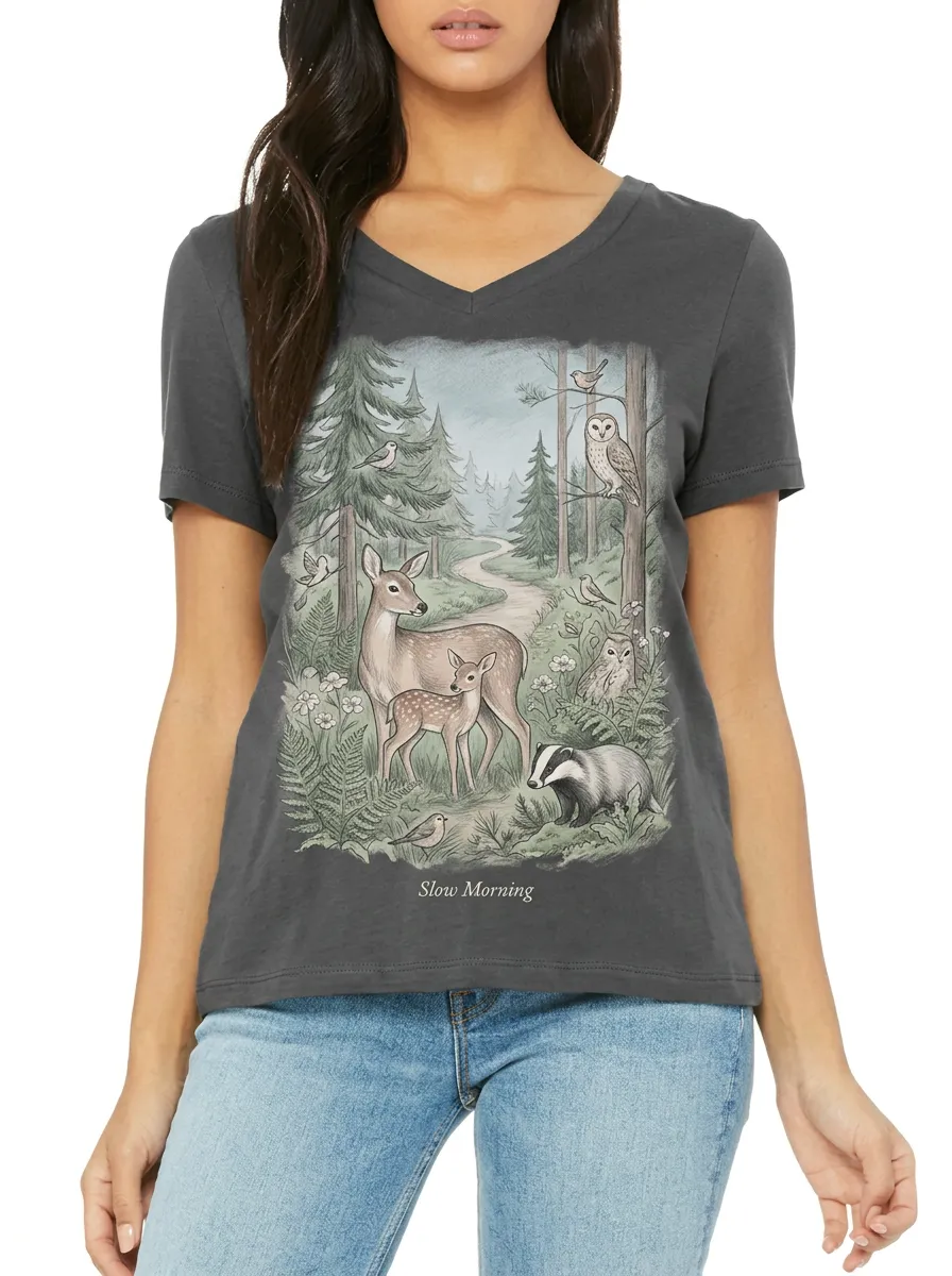 Women's Nature Lover Forest Animals Deer Owl Printed V-neck T-shirt