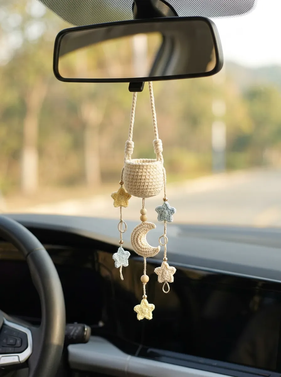 Crochet Moon-Star Rearview Mirror Hanging Ornament