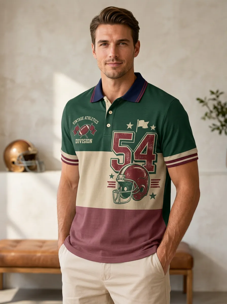 Men's Football Vintage Helmet Polo Shirt