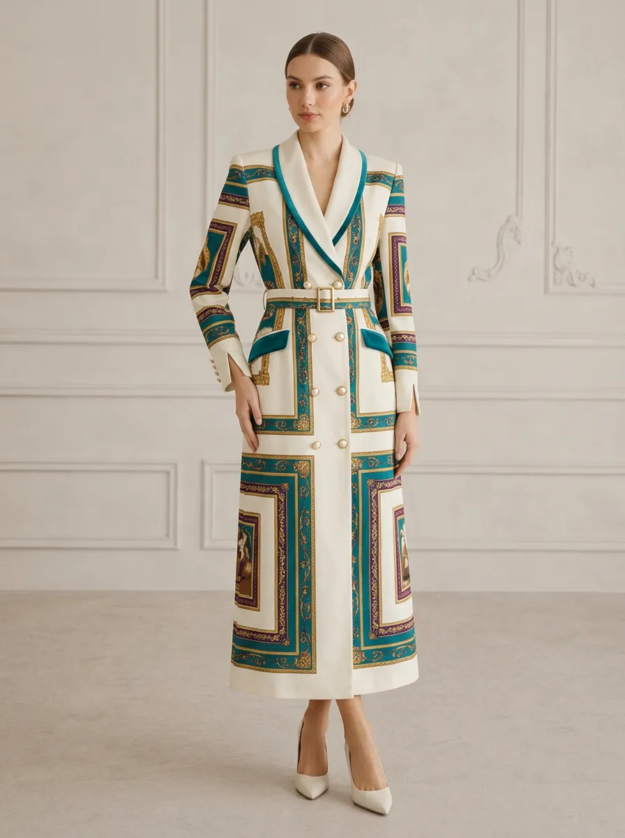 Women's Baroque Vintage Frame Pattern Printed Long Blazer Coat