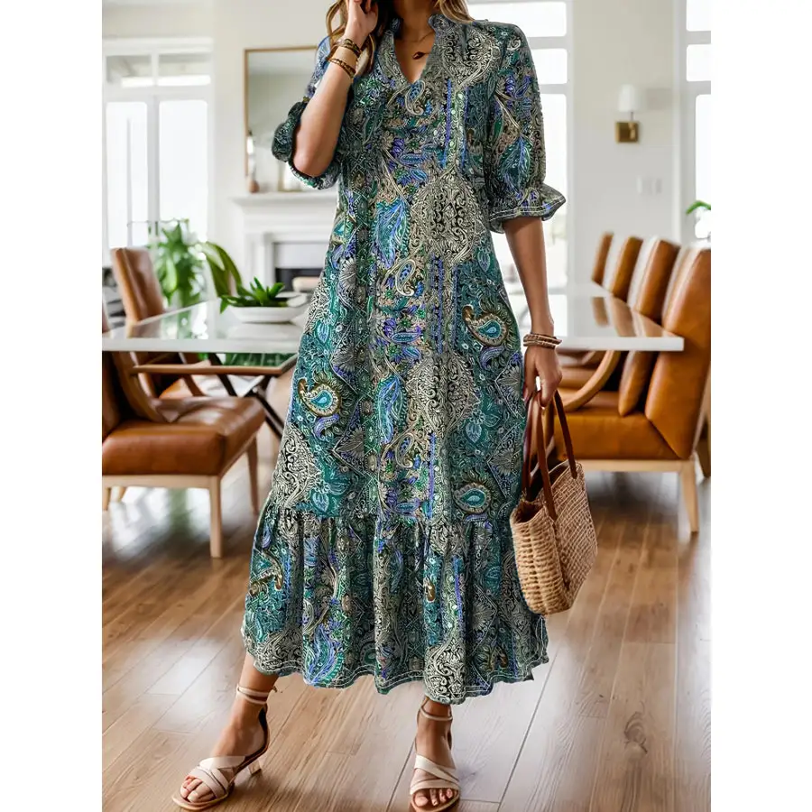 Full Size Bohemian Paisley Ruffle Hem Midi Dress Plus Size