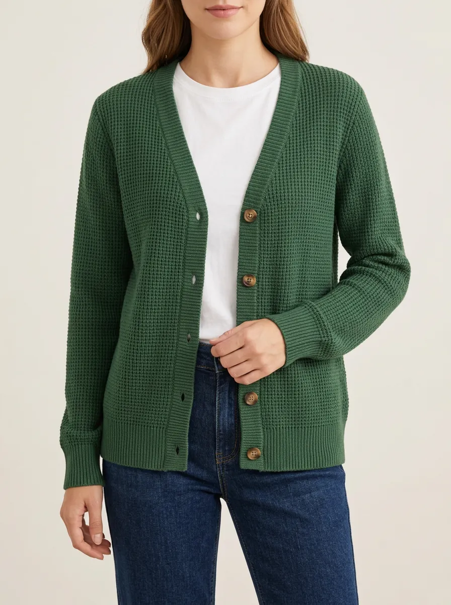 Women's Waffle Knit Button Front V Neck Cardigan