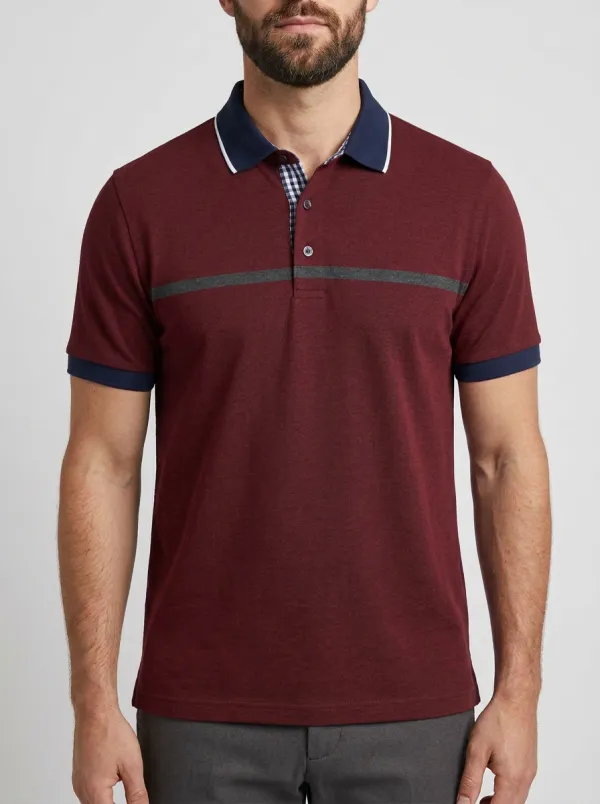 Men's Knit Ribbed Textured Horizontal-Stripe Contrast-Trim Polo Shirt