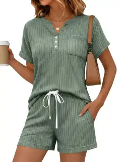 Drawstring Pocketed Ribbed Tee and Shorts Matching Set