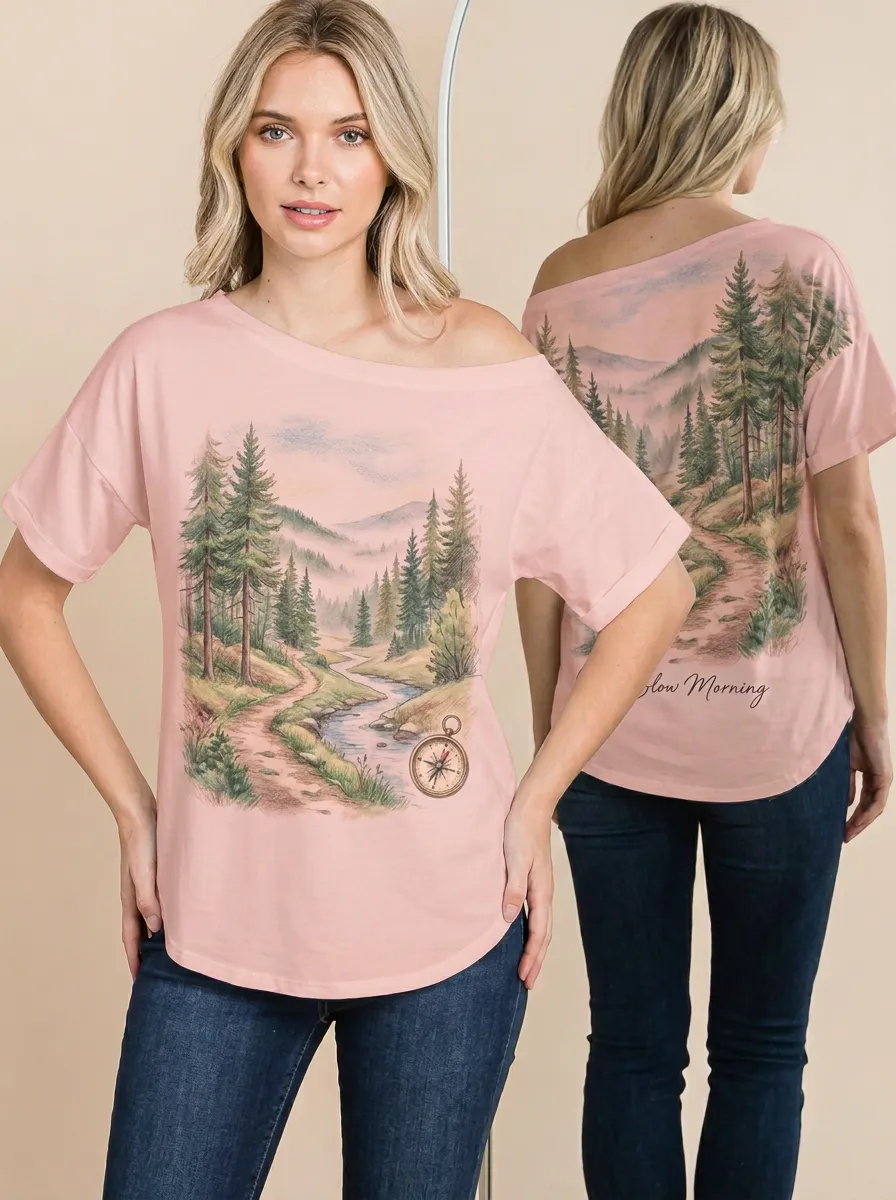 Women's Nature Hiking Compass Forest Landscape Printed T-shirt