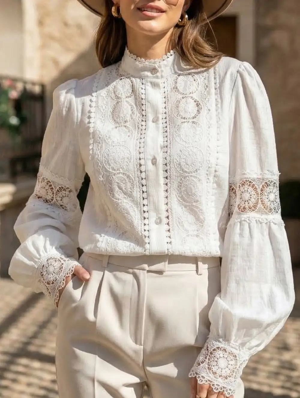 Lace Patch Lantern Sleeve Blouse