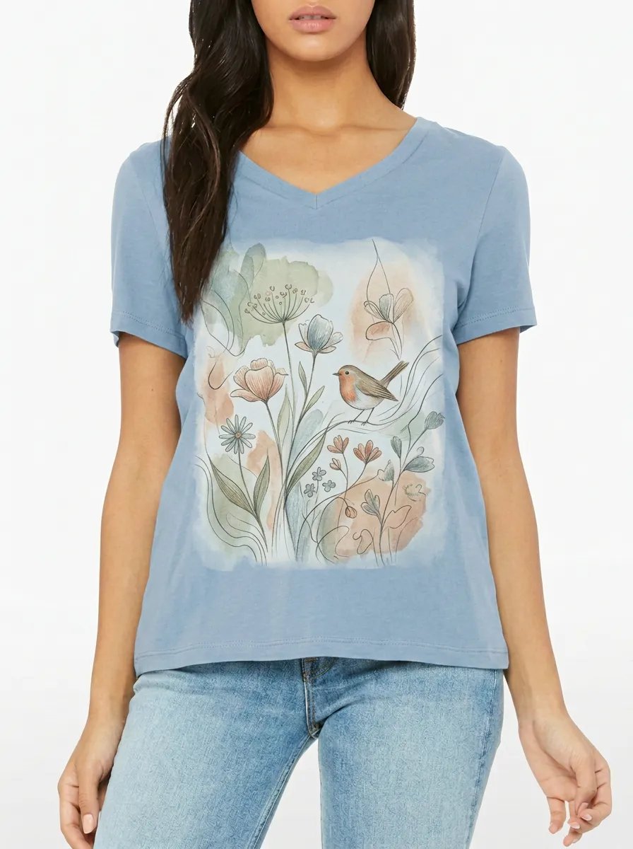 Women's Nature Lover Robin Bird Floral Watercolor Printed V-neck T-shirt