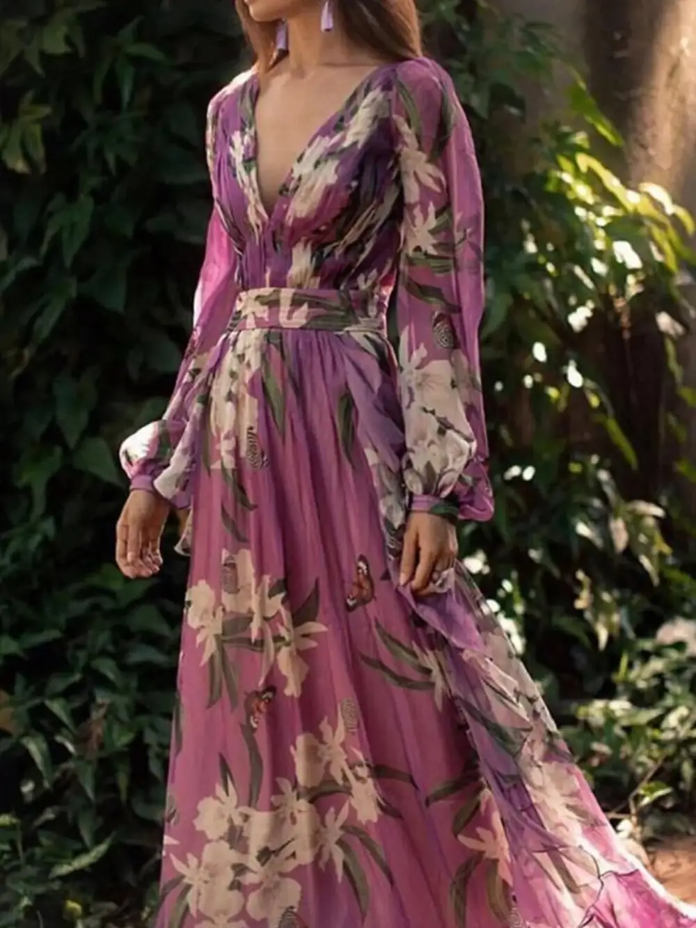 Clean Line Floral Printed Long Sleeve Maxi Dress
