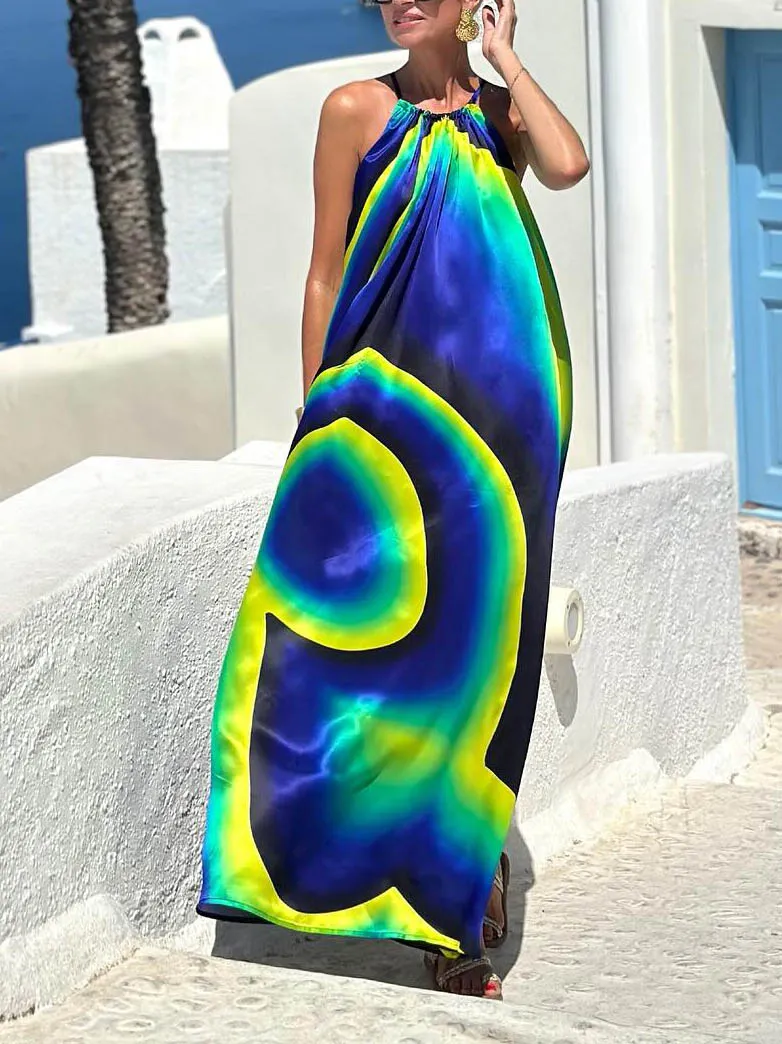 Abstract Swirl Print Halterneck Maxi Dress