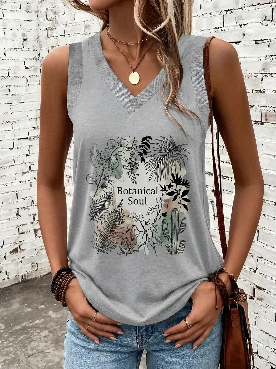 Women's Botanical Soul Plant Leaf Printed V-Neck Tank Top