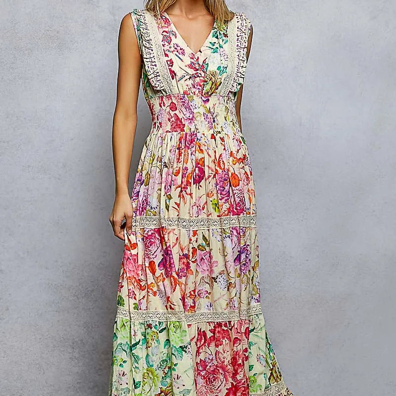 Floral Smocked Ruffle Detail Sleeveless Dress
