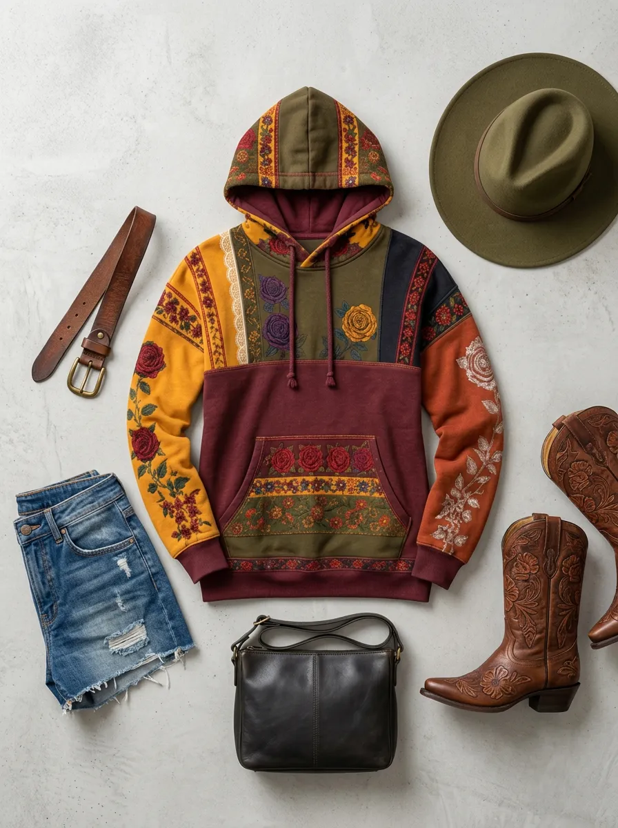 Women's Western Boho Rose Floral Patchwork Printed Hoodie