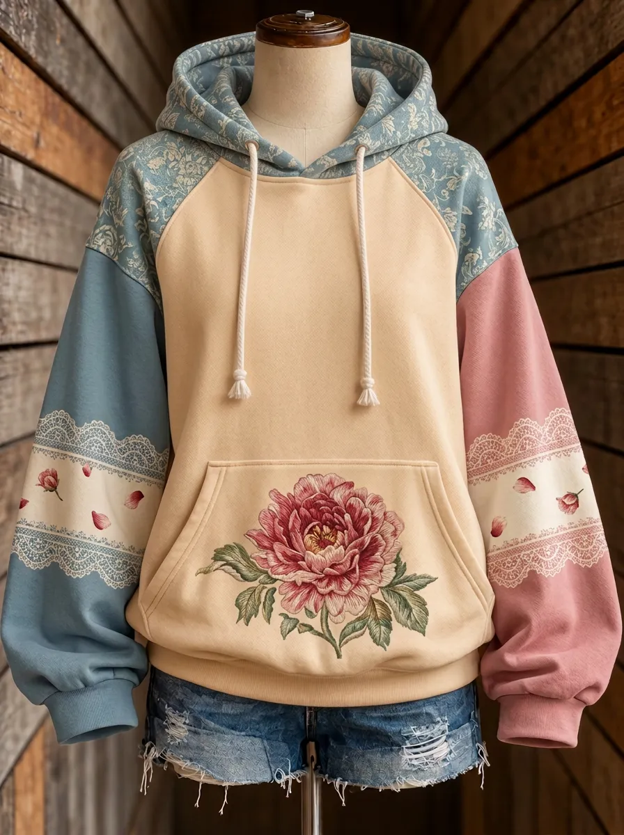 Women's Western Floral Peony Lace Patchwork Printed Hoodie
