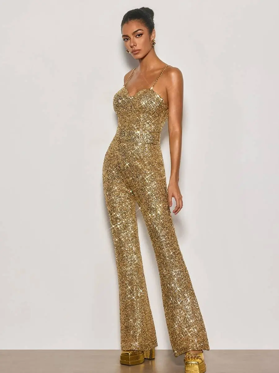 Sarah Spaghetti Sequin Flared Jumpsuit