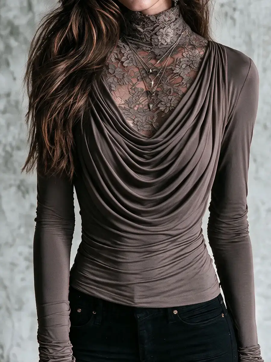 Boho Taupe Lace Mock Neck Draped Cowl Long Sleeve Two-in-One Top